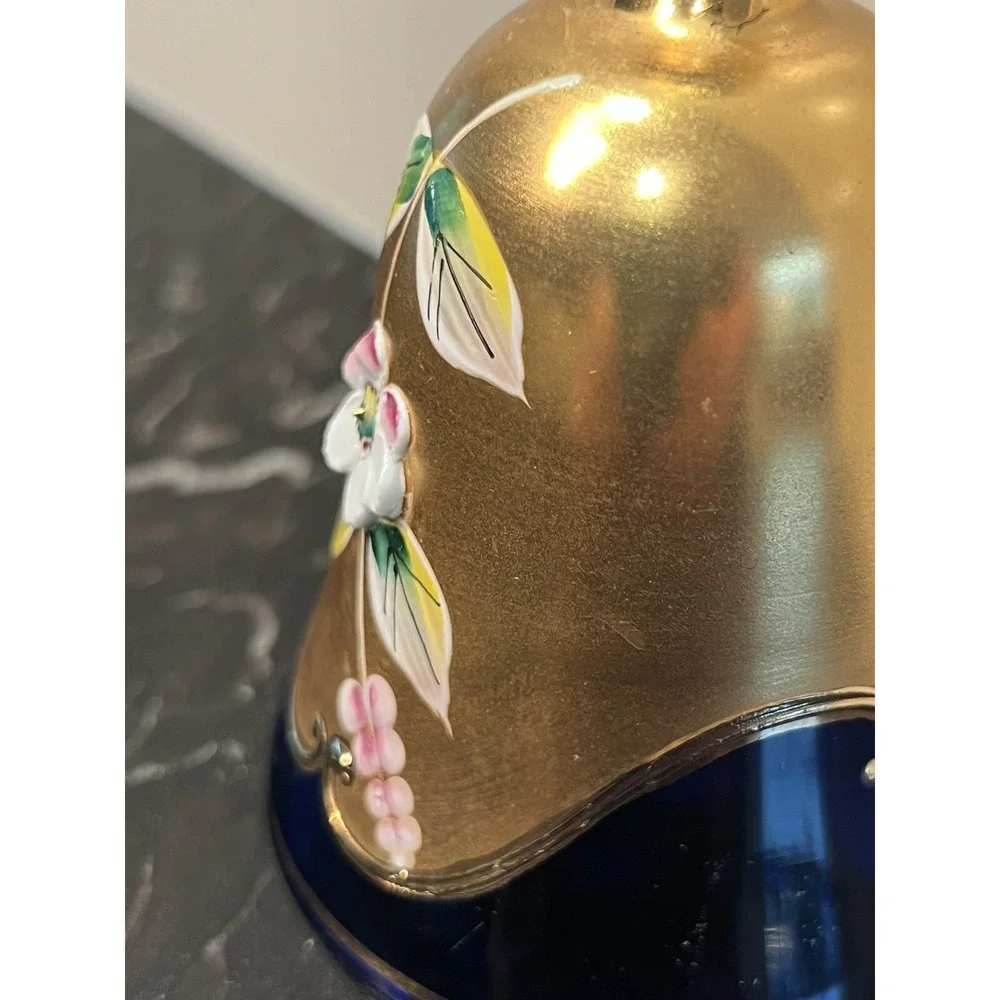 Czech Bohemian Cobalt Blue Glass Bell Gold & Flower Art Glass Handpainted